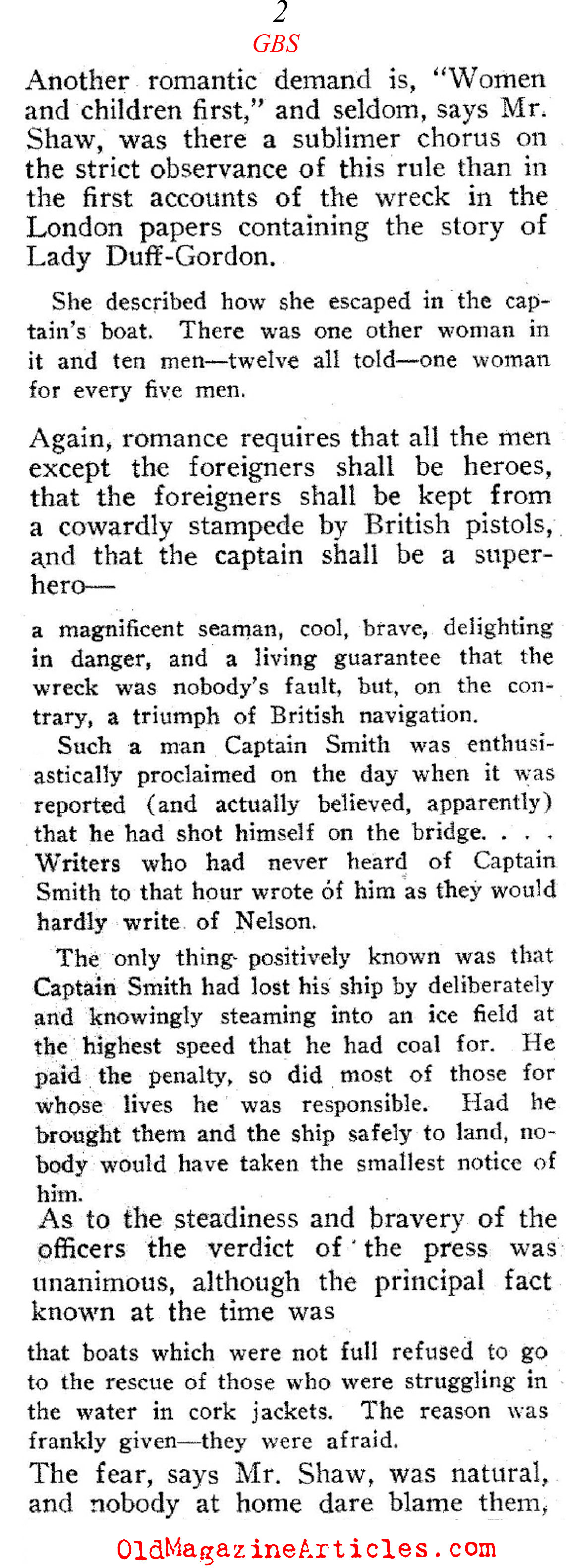 George Bernard Shaw Comments About the <em>Titanic</em> Sinking  (The Bookman, 1912)